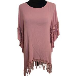 Paisley Vine Women's Tunic 3/4 Bell Ruffle Sleeve Hi Low Fringe SMALL Pink Boho